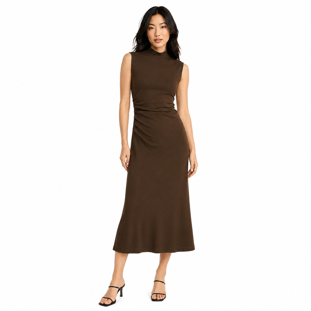OGL Mockneck Tucks Midi Dress Womens Size Small Brown Sleeveless Stretch NWT